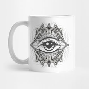 Engraving style tattoo of All Seeing eye masonic symbol. Mug